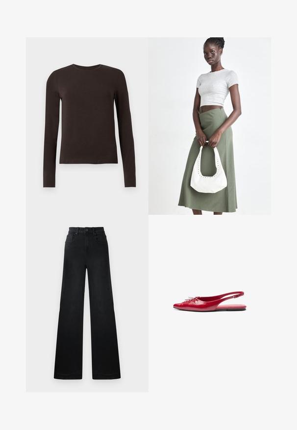 Tumši brūns gara piedurkne t-krekls ar šauru piegriezumu, parādīts uz vienkārša balta fona.; Plati melni džinsi ar pieguļošu jostu, kas aprīkoti ar jostu cilpām, priekšējām un aizmugurējām kabatām, kā arī gludu tekstūru.; Sarkans ādas kurpes bez papēžiem ar smailu purngalu un dekoratīvu šnīrēšanas detaļu priekšpusē, ar šauru potītes siksniņu un platu zoli.; Pelēks ribots īsais tops un olīvzaļš augstās vidukļa svārki. Modelis tur baltu plecu somu ar izgriezumiem. Vienkāršs dizains, pieguloša silueta.