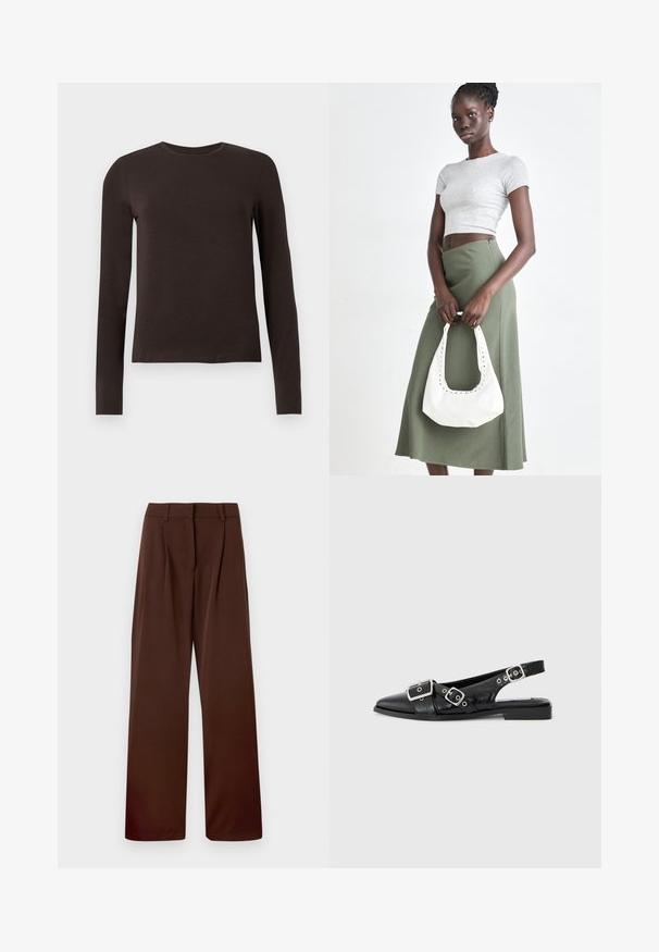 Tamsiai ruda ilgomis rankovėmis marškinėliai su apvalia iškirpte, turintys slim fit, pateikti ant balto vienodo fono.; Platus kojų kelnės turtingos rudos spalvos, pagamintos iš lygios medžiagos, su plokščiu priekiu, dviem raukšlėmis ir diržo kilpelėmis juosmens srityje.; Juodas odinis slingback tipo batelis su smailiu nosiu, dviem sidabrinėmis sagtimis ir žemu blokiniu kulnu. Viršus su tekstūra ir atvira nugara.; Pilka juostuota trumpa palaidinė ir alyvuogių žalios spalvos aukšto liemens sijonas. Modelis laiko baltą petį krepšį su išpjovomis. Paprastas dizainas, prigludusi siluetas.