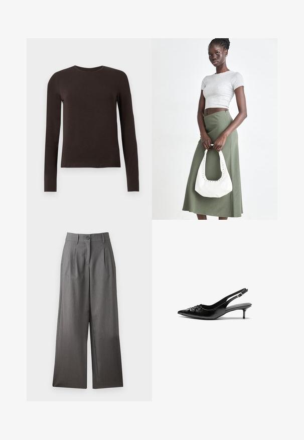 Donkerbruine langemouw crewneck shirt met een slim fit, weergegeven op een plain witte achtergrond.; Zalmbroek met wijde pijpen in donkergrijs stof, met een knoopsluiting, plooien aan de voorkant en een gladde textuur. Geen patronen of accenten zichtbaar.; Zwarte leren slingback hakken met een spitse neus, kleine kittenhak en een decoratieve knoopdetail aan de voorkant. Smooth textuur overal.; Grijs geribbelde crop top en olijfgroene hoge taille rok. Model houdt een witte schoudertas met uitsparingen vast. Eenvoudig ontwerp, aansluitende silhouet.