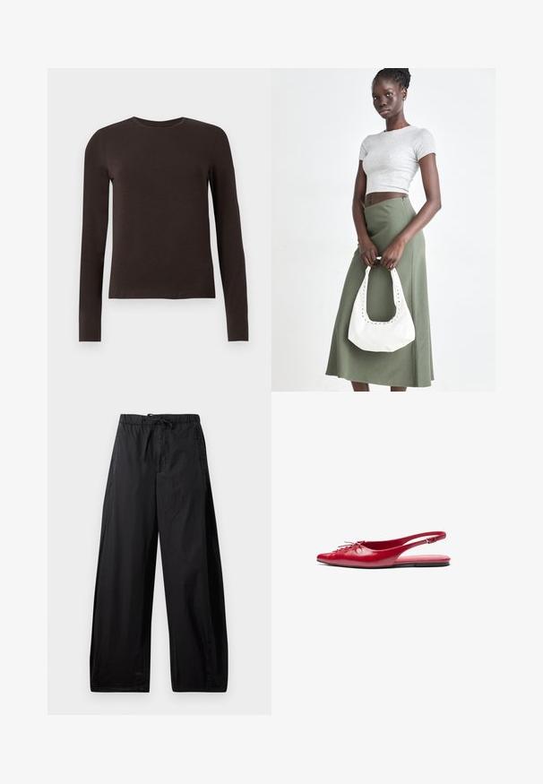 Ciemnobrązowa longsleeve koszulka z okrągłym dekoltem i slim fit, prezentowana na białym tle.; Czarne, lekkie spodnie z elastycznym pasem i sznurkiem, charakteryzujące się luźnym krojem i gładką fakturą. Brak widocznych wzorów lub okucia.; Czerwone skórzane buty typu slingback z płaską podeszwą i spiczastym noskiem, z ozdobnym sznurówką z przodu, posiadające wąski pasek na kostkę.; Szary prążkowany crop top i oliwkowa spódnica o wysokim stanie. Modelka trzyma białą torebkę na ramię z wycięciami. Prosty design, dopasowany krój.