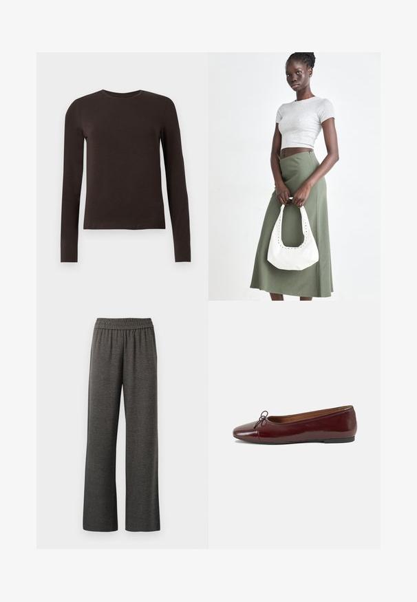 Mørkebrune, langermede crew neck skjorter med slim fit vist mot en enkel hvit bakgrunn.; Grå vide bukser med teksturert stoff, med elastisk midjebånd og uten lommer, designet for komfort og bevegelsesfrihet.; Burgunderrød lakk lær ballettleilighet med rund tå, liten sløyfe foran og en lav, svart gummisåle. Glatt tekstur.; Grå ribbet topp og olivengrønn høy midje skjørt. Modellen holder en hvit skulderveske med utskjæringsdetaljer. Enkelt design, tettsittende silhuett.