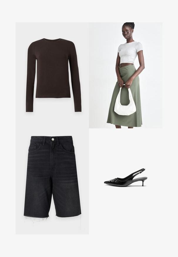 Camisa de manga longa castanha escura, com decote redondo e um corte slim, exibida em fundo branco liso.; Calções de ganga pretos com cintura alta, cinco bolsos, fecho de botão e bainha desfiada. Apresentam uma textura suave com ligeiro desbotamento.; Sapatos de salto alto slingback em couro preto com bico fino, pequeno salto kitten e um detalhe decorativo em forma de nó na parte da frente. Textura suave em toda a parte.; Top cropped cinza em ribas e saia de cintura alta verde-azeitona. Modelo segura uma bolsa branca de ombro com detalhes recortados. Design simples, silhueta justa.