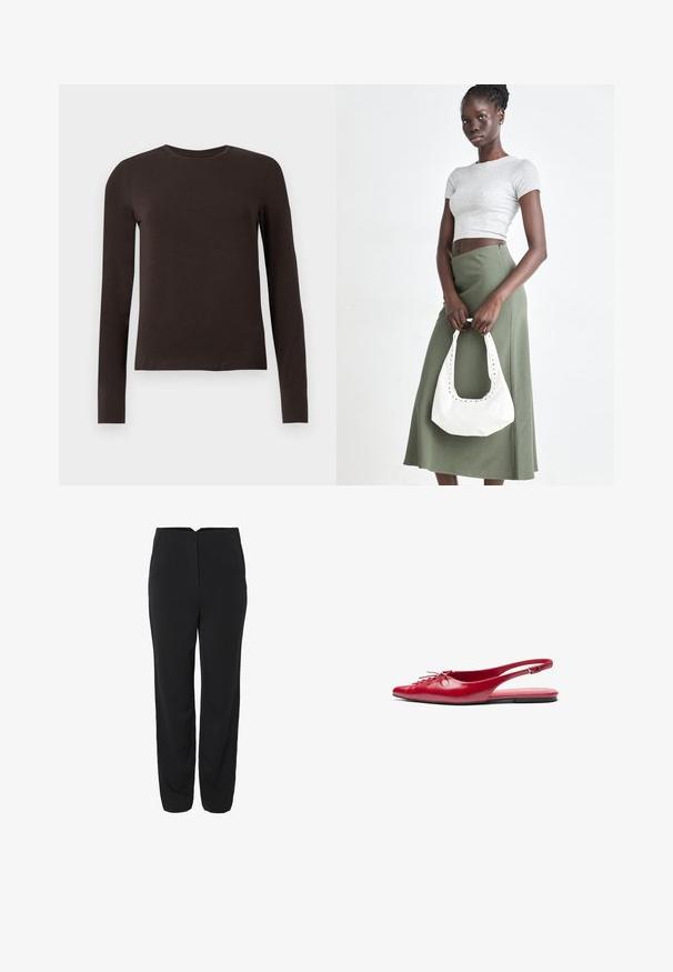 Dunkelbraunes Langarmshirt mit Rundhalsausschnitt und schmaler Passform auf einem schlichten weißen Hintergrund dargestellt.; Schwarze Hose mit geradem Bein, ausgestattet mit zwei Fronttaschen und einer glatten Textur. Dezente Nähte auf der Vorderseite.; Rote Leder-Slingback-Ballerina mit spitzem Zehenbereich und dekorativem Schnürdetail an der Vorderseite, ausgestattet mit einem schmalen Knöchelriemen und flachem Fußbett.; Grauer gerippter Croptop und olivgrüner Rock mit hoher Taille. Das Modell hält eine weiße Schultertasche mit Ausschnittdetails. Schlichte Gestaltung, taillierte Silhouette.