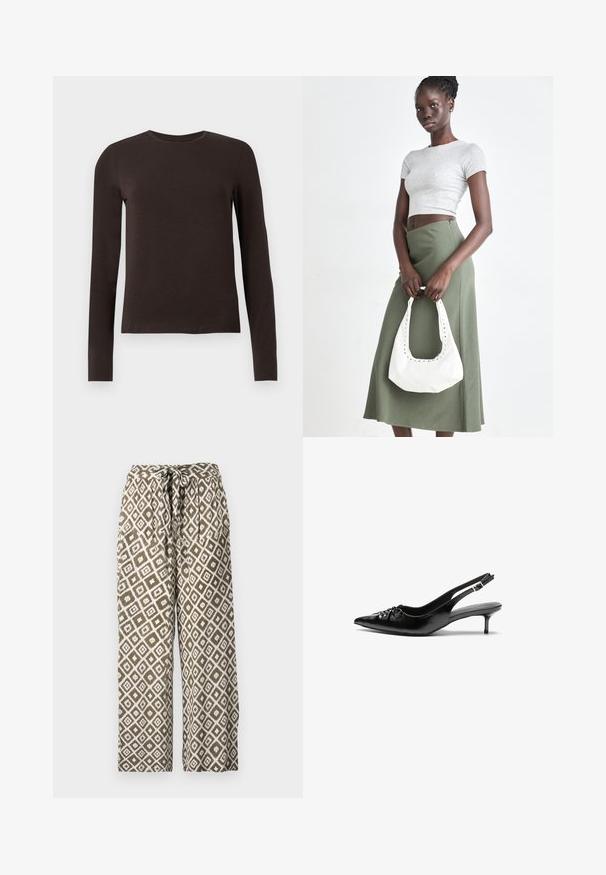 Mørkebrune, langermede crew neck skjorter med slim fit vist mot en enkel hvit bakgrunn.; Trykte vide bukser i olivengrønn og hvit. Har et diamantskjema og stramming i livet. Laget av lette materialer.; Sorte skinnert remsandaler med spiss tå, liten kittenhæl og en dekorativ knute detalj foran. Glatt tekstur gjennom hele.; Grå ribbet topp og olivengrønn høy midje skjørt. Modellen holder en hvit skulderveske med utskjæringsdetaljer. Enkelt design, tettsittende silhuett.