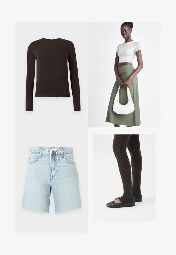 Chemise à col rond à manches longues de couleur brun foncé avec une coupe ajustée, présentée sur fond blanc uni.; Shorts en denim bleu clair avec taille à cordon, ourlet légèrement effiloché et cinq poches. Présente une texture décolorée et des accents de rivets en cuivre.; Chaussures plates noires avec un petit nœud au niveau des orteils, associées à des collants côtelés marron foncé. Les chaussures ont une texture lisse et un profil bas.; Top court rayé gris et jupe taille haute verte olive. Le mannequin tient un sac à bandoulière blanc avec des découpes. Design simple, silhouette ajustée.