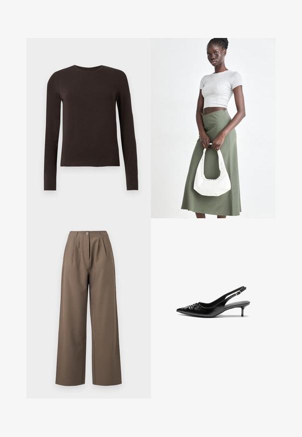 Temno rjava majica s dolgimi rokavi in krojnim ovratnikom, ožjega kroja, prikazana na enobarvnem belem ozadju.; Široke hlače v zatemnjenem rjavem odtenku, ki imajo visok pas, sprednje gube in enojno zapiranje na gumb. Gladka tekstura in prilagojen dizajn.; Črne usnjene slingback pete z izostrenim nosom, majhno mačje peto in okrasno vozličasto podrobnostjo na sprednjem delu. Gladka tekstura po celotni površini.; Sivina rebrasta kratka majica in olivno zelena krila z visokim pasom. Model drži belo torbico za na rame s izrezljanjem. Preprost dizajn, oprijet silhueta.