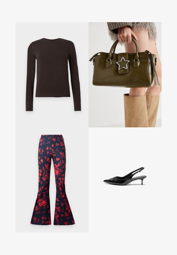 Sötétbarna, hosszú ujjú, kerek nyakú póló, slim fit szabásban, sima fehér háttér előtt.; Sötétkék anyagú, széles szárú nadrág élénk piros virágmintával. Feszes derékkal és harang alakú lábakkal rendelkezik. Sima textúra.; Fekete bőrből készült slingback magassarkú cipők hegyes orral, kis francia sarokkal és díszes csomóval az elején. Az egész felületen sima textúra.; Olívazöld műbőr kézitáska ezüst csillag díszítéssel, dupla fogantyúval és cipzáros zárással. Texturált felület és formázott alak.