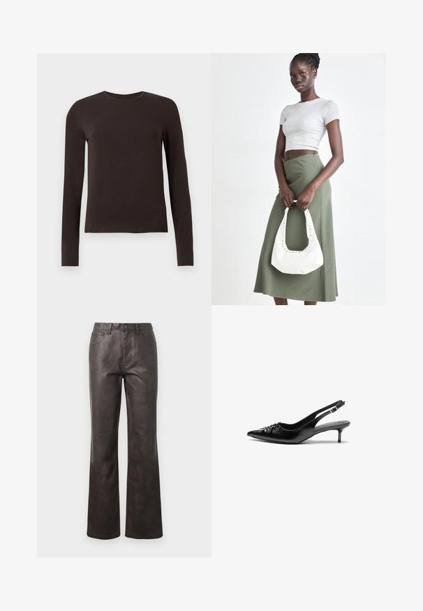 Dark brown long-sleeve crew neck shirt with a slim fit displayed on a plain white background.; Brown leather pants with a high waist, straight leg design, visible stitching accents, and five pockets. Smooth texture, minimal sheen.; Black leather slingback heels with a pointed toe, small kitten heel, and a decorative knot detail on the front. Smooth texture throughout.; Gray ribbed crop top and olive green high-waisted skirt. Model holds a white shoulder bag with cut-out detailing. Simple design, fitted silhouette.