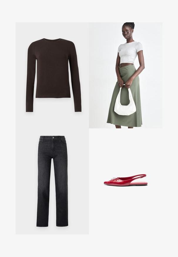 Tamsiai ruda ilgomis rankovėmis marškinėliai su apvalia iškirpte, turintys slim fit, pateikti ant balto vienodo fono.; Juodos džinsinės kelnes su tiesių kojų dizainu, su priekiniais mygtukais ir penkiomis kišenėmis. Audinys turi lygų paviršių.; Raudoni odiniai slingback baja su smailiu pirštu ir dekoratyviu raišteliu priekyje, turintis ploną kulkšnies dirželį ir plokščią padą.; Pilka juostuota trumpa palaidinė ir alyvuogių žalios spalvos aukšto liemens sijonas. Modelis laiko baltą petį krepšį su išpjovomis. Paprastas dizainas, prigludusi siluetas.