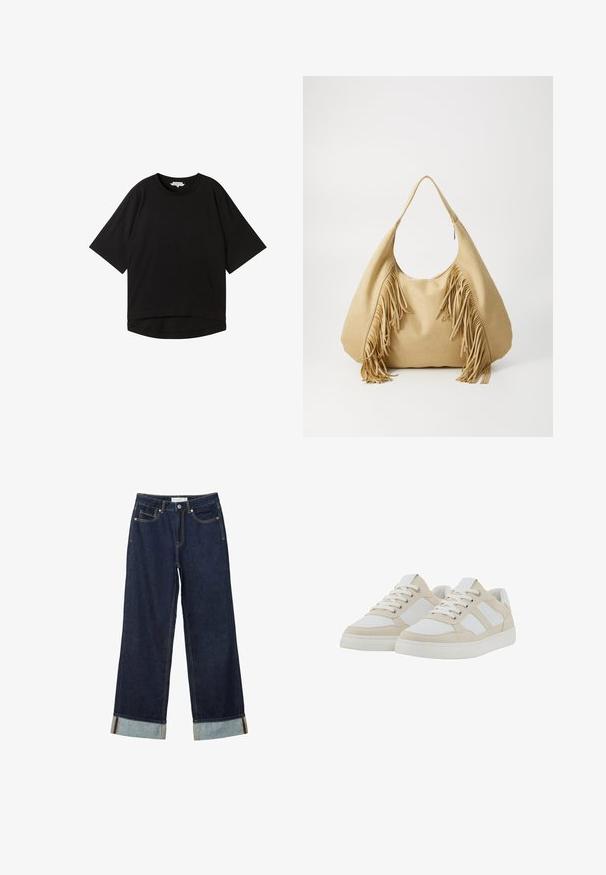 Zwart T-shirt met korte mouwen, een relaxte pasvorm, ronde halslijn en een licht gebogen zoom. Gemaakt van een zachte, gestructureerde stof.; Donkerblauwe wijde jeans met een hoge taille, voorzien van omgeslagen manchetten, contrasterende stiksels en een vijf-pocket ontwerp. Gemaakt van denim stof.; Beige en witte sneakers met een gestructureerde bovenkant, vetersluiting en gevoerde kraag. Voorzien van drie witte zijstrepen en een rubberen zool.; Tan suède schoudertas met een grote opening en lange franjes aan beide zijden, met een gladde textuur en een enkele handgreep.