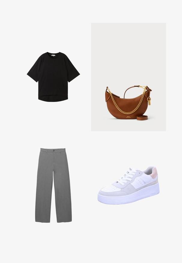Black short-sleeve t-shirt with a relaxed fit, round neckline, and a slightly curved hem. Made of a soft, textured fabric.; Light gray wide-leg trousers with a smooth, textured fabric, featuring a front button closure and belt loops at the waist.; White sneaker with gray suede accents, textured sole, perforated toe box, and white laces. Features a subtle pastel pink heel tab.; Brown leather handbag with a curved design, gold chain strap, interior pocket, and a detachable shoulder strap. Features contrasting stitching.