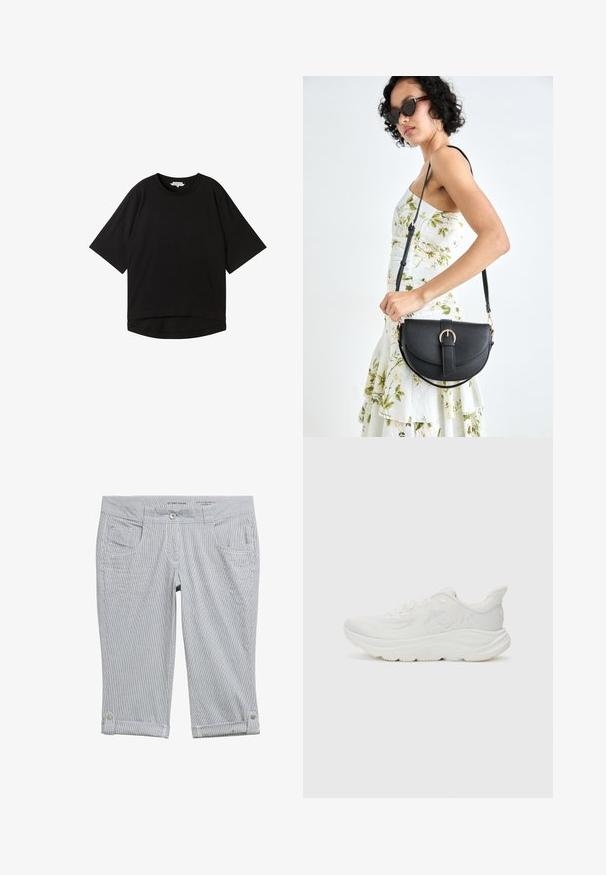 Camiseta negra de manga corta con corte relajado, cuello redondo y dobladillo ligeramente curvado. Fabricada con un tejido suave y texturizado.; Pantalones capri a rayas en gris claro y blanco. Cuenta con un cierre de botón, cuatro bolsillos y dobladillos enrollados con acentos de botón. Textura de tela suave.; Zapatilla de running blanca con una parte superior de malla texturizada, cuello acolchado, entresuela gruesa y suela de goma. Presenta un detalle del logo en el costado.; Bolso de piel negra con forma curva, correa desmontable y herrajes dorados. El bolso cuenta con una solapa con un detalle de hebilla.