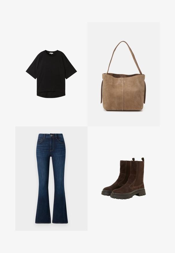 Zwart T-shirt met korte mouwen, een relaxte pasvorm, ronde halslijn en een licht gebogen zoom. Gemaakt van een zachte, gestructureerde stof.; TOM TAILOR STELLA donkerblauw denim; Bruine suède enkellaarsjes met elastische zijpanelen, ronde neuzen en dikke rubberen zolen. Stitching benadrukt het ontwerp.; Bruine suède schoudertas met een zachte textuur, open top en een enkele schouderband. Heeft een gladde afwerking en minimale detaillering.