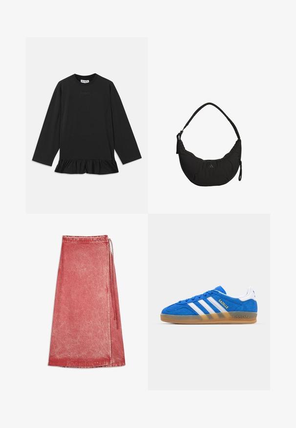 Zwarte langemouwen top met een ronde halslijn, gerimpelde zoom en subtiele tekstdetails op de voorkant. Gemaakt van zacht, comfortabel materiaal.; Rode denim wikkelskirt met vervaagde waseffect, enkel lengte, met een zij-tie sluiting en gestikte zoom.; Blauwe suède sneakers met witte strepen en het woord "Gazelle". Beschikt over een gumrubberen zool en textuuraccenten op de bovenkant. Klassiek ontwerp.; Zwarte schoudertas met een gebogen ontwerp, gevoerde stof, verstelbare schouderriem en subtiel logo. Heeft een ritscompartiment en getextureerde accenten.