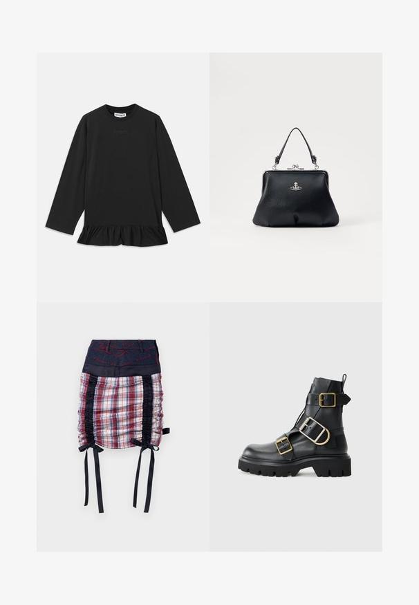 Czarny top z długim rękawem i okrągłym dekoltem, z falbaną na dole i subtelnym tekstem na przodzie. Wykonany z miękkiego, wygodnego materiału.; Spódnica w kratkę z granatowym denimu w pasie. Posiada czarne boki, detale marszczenia oraz czarne wstążki przy hemie. Czerwone przeszycia jako akcenty.; Czarne skórzane botki za kostkę z masywną podeszwą, wyposażone w liczne paski i złote akcenty. Gładka tekstura, surowy design.; Czarna skórzana torebka o fakturowanej powierzchni, z metalowymi elementami w kolorze srebrnym, zapięciem na klamrę i krótkim uchwytem do noszenia. Kompaktowy i zorganizowany design.