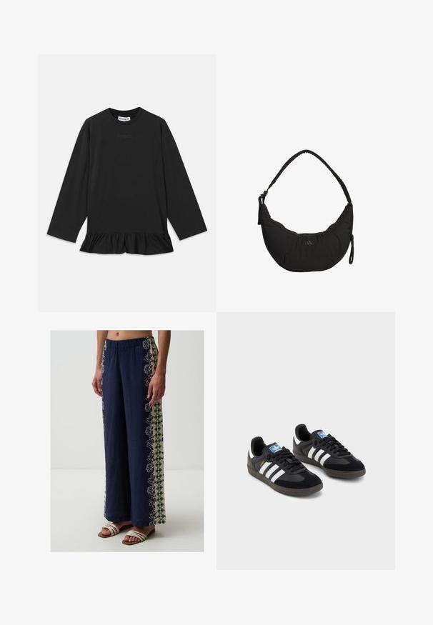 Zwarte langemouwen top met een ronde halslijn, gerimpelde zoom en subtiele tekstdetails op de voorkant. Gemaakt van zacht, comfortabel materiaal.; Jimmy Key ELASTICIZED PATTERNED - Broek - dark blue; Zwarte sneakers met een bovenwerk van suède en synthetisch materiaal, voorzien van drie witte strepen, een gestructureerde rubberen zool en een blauw logo-label op de tong.; Zwarte schoudertas met een gebogen ontwerp, gevoerde stof, verstelbare schouderriem en subtiel logo. Heeft een ritscompartiment en getextureerde accenten.