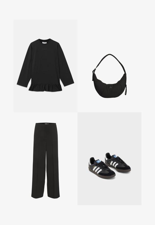 Czarny top z długim rękawem i okrągłym dekoltem, z falbaną na dole i subtelnym tekstem na przodzie. Wykonany z miękkiego, wygodnego materiału.; Czarne spodnie o szerokich nogawkach, wykonane z gładkiego materiału. Posiadają wysoki, elastyczny pasek w talii oraz brak widocznych kieszeni i wzorów. Prosty design.; Czarne sneakersy z zamszową i syntetyczną cholewką, wyposażone w trzy białe paski, teksturowaną gumową podeszwę oraz niebieską metkę z logo na języku.; Czarna torba na ramię o zaokrąglonym kształcie, z matowego materiału, z regulowanym paskiem i subtelnym logo. Posiada zamykaną na zamek kieszeń oraz teksturowane akcenty.