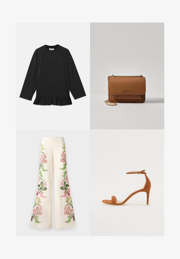 Črn dolgrokavnik s krožnim izrezom, nabranim robom in subtilnim napisom spredaj. Narejen iz mehkega, udobnega materiala.; Zgornji hlače v kremnem blagu z barvitimi cvetličnimi vzorci v roza in zeleni barvi ob straneh. Gladka tekstura, širok kroj.; Rjave suedne sandale na visoki pet, ki vključujejo tanko ankletno zaponko z zlatim zatičem, odprto toe ter eleganten, minimalističen dizajn.; Rjava teksturirana usnjena torba čez ramo z zlatim verižnim trakom in zapiranjem na pokrov. Spredaj je vidna podrobnost logotipa in žep pod pokrovom.