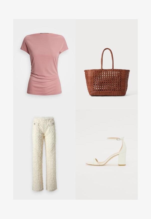 Kortärmad skjorta i mjuk rosa tyg, med avslappnad passform, rundad halsringning och r gathered textur på sidorna för extra detalj.; Fuzzy, off-white byxor med mjuk textur, raka ben och dekorativa silverknappar på frampocket.; Vit läder blockklack-sandalett med en ankelrem och spänne samt minimalistisk design. Öppen tå och släta ytor genomgående.; Vävd brun tygväska med ett öppet mönster, rektangulär form och två flätade handtag. Har en solid botten för stöd.