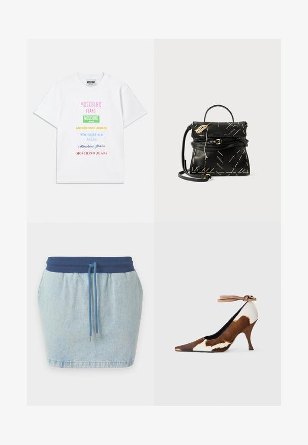 Fehér pamut póló, amelyen több színű (rózsaszín, zöld, sárga, kék és piros) felirat található, vertikálisan elrendezve az elején.; Világoskék farmer szoknya rugalmas sötétkék derékkal, húzózsinórral zárható és texturált anyagból készült. Zsebek nem láthatók.; Barna és fehér tehénmintás magassarkú cipő, hegyes orral, texturált felülettel és világosbarna csattal ellátott bokapánttal.; Fekete bőr kézitáska geometriai fehér varrással, felső fogantyúval és levehető vállpánttal. Arany kiegészítők és cipzáras záródás jellemzi.
