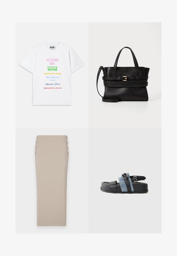 Fehér pamut póló, amelyen több színű (rózsaszín, zöld, sárga, kék és piros) felirat található, vertikálisan elrendezve az elején.; Bézs ceruzaszoknya sima anyagból, oldalsó gombokkal, áramvonalas sziluettel, látható zsebek vagy minták nélkül.; Fekete és kék szandál vastag talppal, bőr és farmer anyagból, állítható csattal és nyitott orrú dizájnnal.; Fekete bőr kézitáska strukturált dizájnnal, párhuzamos felső fogantyúkkal, levehető pánttal és arany csat díszítéssel egy vízszintes sávon.