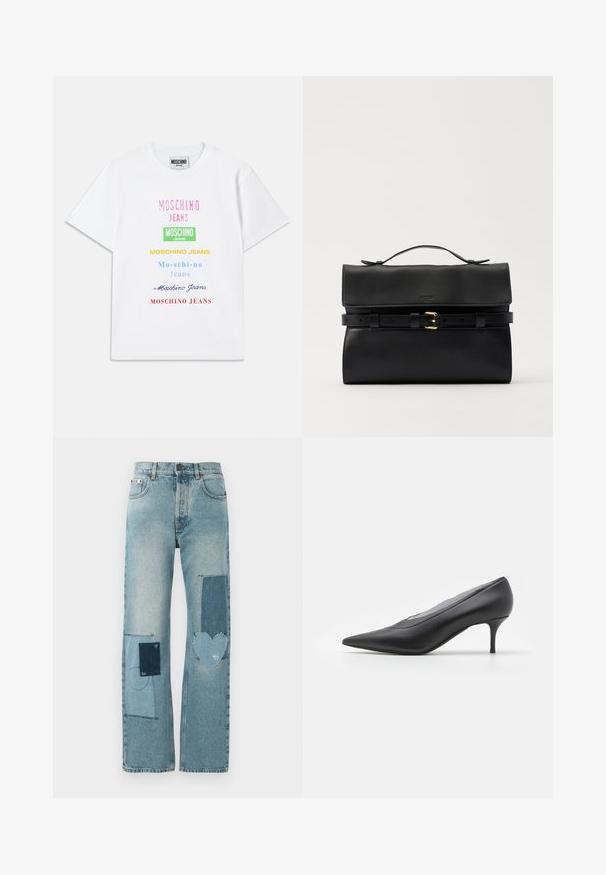 Valge puuvillane T-särk, mille ees on mitmed teksti logod roosa, rohelise, kollase, sinise ja punase värviga, paigutatud vertikaalselt.; Heledudega teksapüksid sirge jala lõikega. Omavad mitmeid kontrastseid plaastreid, sealhulgas südamekujulist ning süsteemseid õmbluse detaili.; Must be itke erade musta säärelise sabaga jalats, mis on valmistatud sileda nahaga. Omab kitsast kontsa ja minimalistlikku disaini, ilma nähtavate kaunistusteta.; Must tumed mustrans ja paneeliga, klamberiga ja ülemise käepidemega. Sile tekstuur ja minimalistlik disain, sobib erinevateks olukordadeks.