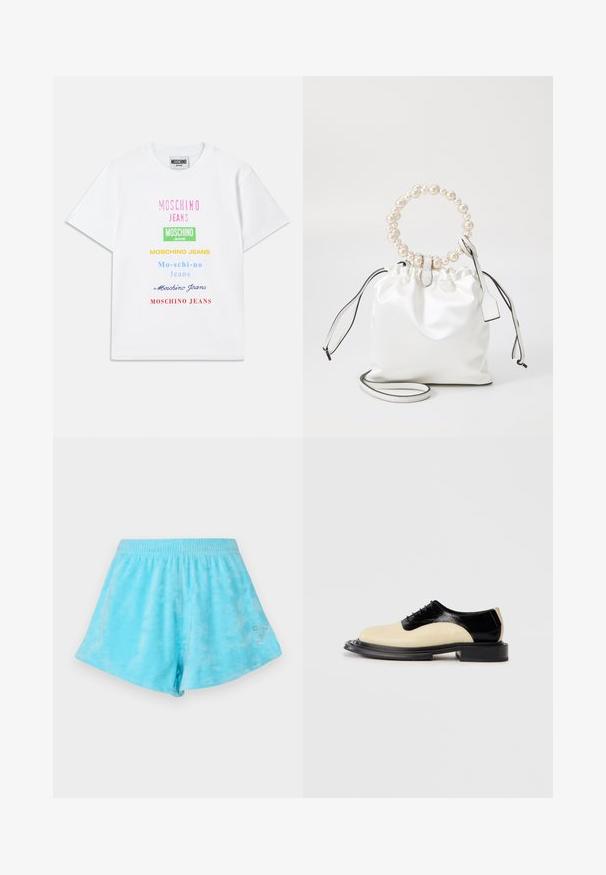 Witte katoenen t-shirt met meerdere tekstlogo's in roze, groen, geel, blauw en rood, verticaal gerangschikt aan de voorkant.; Lichtblauwe tie-dye shorts met een elastische tailleband en een zilveren strassaccent in de vorm van het cijfer zeven aan de onderzijde. Zachte katoen textuur.; Bicolor veterschoen met een romige beige leren voorkant en een glanzend zwarte leren achterkant, voorzien van een dikke zwarte textured zool.; Witte satijnen trekzak met een parelversierde ronde handgreep, leren accenten en een afneembare schouderband voor veelzijdigheid.