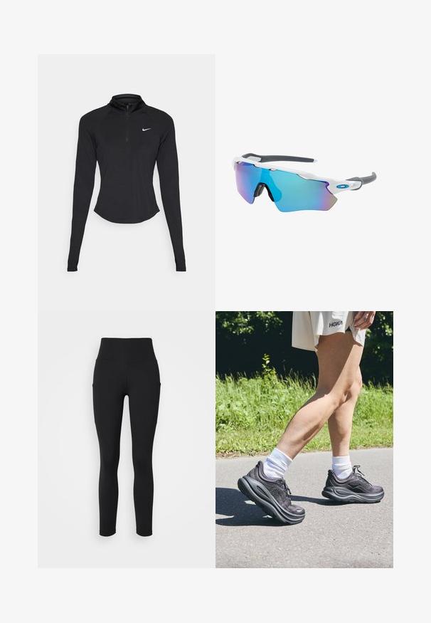 Sort sportstrøje med lange ærmer, høj krave og kvart lynlås. Har en tætsiddende pasform og et hvidt Nike-logo på brystet.; Sort leggings med høj talje, lavet af strækbart stof, med sidelommer og en glat tekstureret overflade.; Sorte atletik sko med struktureret stof, tykke polstrede såler og snørebånd, parret med hvide sokker og et lys beige tøj.; Solsikker med hvid ramme, grå accenter og blå spejllinser. Sporty design, omviklet form og justerbare næsepuder.