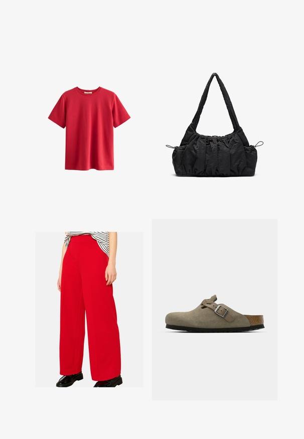 Punane lühikese varrukaga T-särk, mis on valmistatud puuvillast, ümarakaelusega, mugava lõikega ja sileda tekstuuriga, ilma nähtavate mustrite või aktsentideta.; Laia püksid säravas punases kangas, millel on kõrge vöökoht ja puhtad jooned. Materjal näeb välja sile ning sobib kokku läikivate mustade kingadega.; Nahatise nahkkingad heledas oliivrohelises värvitoonis, millel on vormitud kork ja kummitald. Omab külgrihma koos metallist pandlaga ning ümarat nina.; Must mustriga käekott, millel on kogutud tekstuur, kaks õlarihma ja külgedel nöörkinnitus. Sujuv ja kerge materjal.