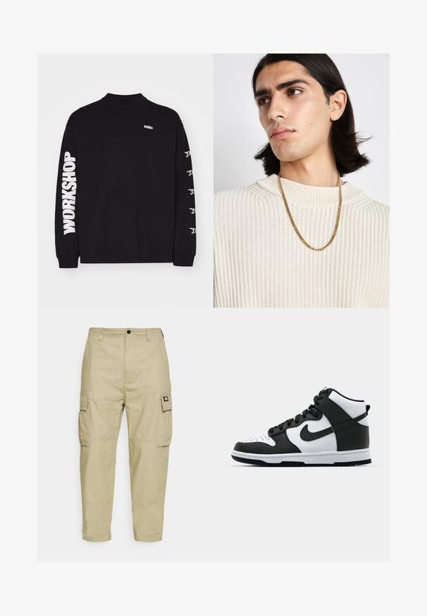 Black long-sleeve shirt made of cotton, featuring "032c" logo on the chest and "WORKSHOP" text in bold white along the left sleeve.; Beige cargo pants made of durable fabric, featuring two side pockets, a button closure, and tapered legs with a smooth texture.; Black and white high-top sneaker with leather upper, perforated toe box, prominent swoosh logo, and textured rubber sole.; Gold chain necklace worn over a cream ribbed knit sweater; soft texture with a high collar and a subtle pattern in the fabric.
