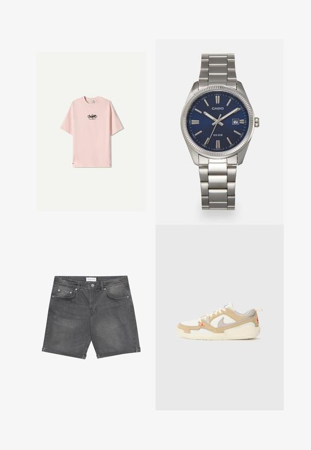 Helles rosa T-Shirt mit Rundhalsausschnitt und kurzen Ärmeln. Schwarzer Logodruck auf der Vorderseite. Mit lässiger Passform und weichem Baumwollstoff.; Dunkelgraue Jeansshorts mit klassischem Fünf-Taschen-Design, umgeschlagenen Säumen und metallenen Knopfakzenten. Glatte Textur mit dezentem Verblassen.; Weiße und beige Sneaker mit Mesh- und Wildlederpanels, grauen Akzenten, rotem Logo und orangefarbener Zuglasche. Rundliche Zehenform und gepolsterte Sohle.; Silberner Armbanduhr aus Edelstahl mit einem dunkelblauen Zifferblatt, metallischen Stundenmarkierungen und einem Datumsfenster bei 3 Uhr. Wasserdicht bis 50 Meter.