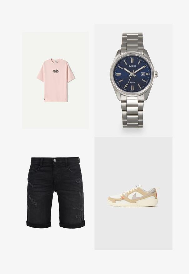 Világos rózsaszínű póló kerek nyakkivágással és rövid ujjakkal. Fekete logó szöveg nyomtatva az elején. Lazább szabású és puha pamut textúrájú.; Fekete farmer rövidnadrág, feltekerhető szegéllyel, az elülső részen megkoptatott részletekkel. Klasszikus öt zsebbel ellátott design, fémből készült gombos záródással.; Fehér és bézs sneaker hálós és velúr panelekből, szürke akcentussal, piros logóval és narancssárga füllel. Kerek orrú és párnázott talpú kialakítás.; Ezüst színű rozsdamentes acél karóránk sötétkék számlapja van, fém óraszámlálókkal és egy dátumablakkal a 3 órás pozícióban. 50 méterig vízálló.