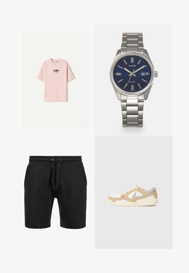 Tricou roz deschis cu guler rotund și mâneci scurte. Textul logo negru imprimat pe față. Are o croială confortabilă și o textură moale din bumbac.; Şorturi negre din material texturat. Au talie elastică cu șnur și buzunare laterale. Design simplu, drept.; Tenisi albi și bej cu panouri din plasă și suede, accente gri, logo roșu și tab de tragere portocalie. Design cu vârful rotunjit și talpă căptușită.; Ceas de mână din oțel inoxidabil argintiu cu un cadran albastru marin, marcaje orare metalice și o fereastră pentru dată la ora 3. Rezistent la apă până la 50 de metri.