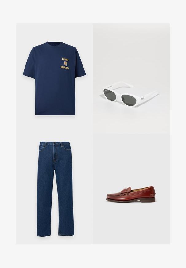 Marineblå bomulds T-shirt med korte ærmer, der har guld tekst "Carhartt University" og et logo patch på venstre bryst.; Mørkeblå straight-leg denim jeans med forhåndslommer og knaplukning, vist på en ensfarvet hvid baggrund.; Brune læder loafers med en glat finish, dekorativ syning og en fronttassel-accent. Lav, solid brun hæl, slankt design.; Hvide solbriller med runde stel og mørke linser. Har en glat plastoverflade og et lille logo på stangen.