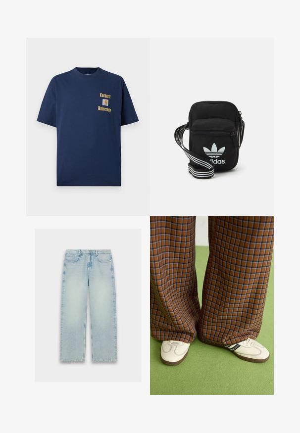 Tamno plavi pamukasti majica s kratkim rukavima, s zlatnim natpisom "Carhartt University" i logotipom na lijevoj strani grudi.; Svijetloplave traperice visokog struka s ravnim nogavicama, izblijedjelom teksturom i klasičnim dizajnom s pet džepova.; Smeđe i plave karirane široke hlače uparene s bijelim cipelama s crnim akcentima i teksturiranim potplatom, na zelenoj pozadini.; Crna crossover torba od tkanine sa zatvaračem, sa bijelim Adidas logotipom i prugastim podešivim remenom za lako nošenje.