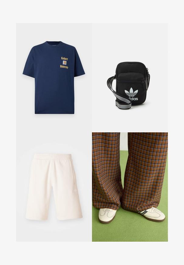 Navy modra bombažna majica s kratkimi rokavi, z zlatim napisom "Carhartt University" in logotipom na levem prsnem delu.; Kremne kratke hlače iz bombaža z elastičnim pasom, stranskimi žepi in subtilnim logotipom na levi nogi. Gladka tekstura in dolžina do kolen.; Rjave in modre kariraste hlače širokih nogavic, v kombinaciji z belimi čevlji, ki imajo črne poudarke in teksturirane podplate, na zeleni podlagi.; Črna tkaninska torbica čez ramo z zadrgo, ki vsebuje belo Adidasovo logo in pridelano naramnico z več črtami za enostavno nošenje.