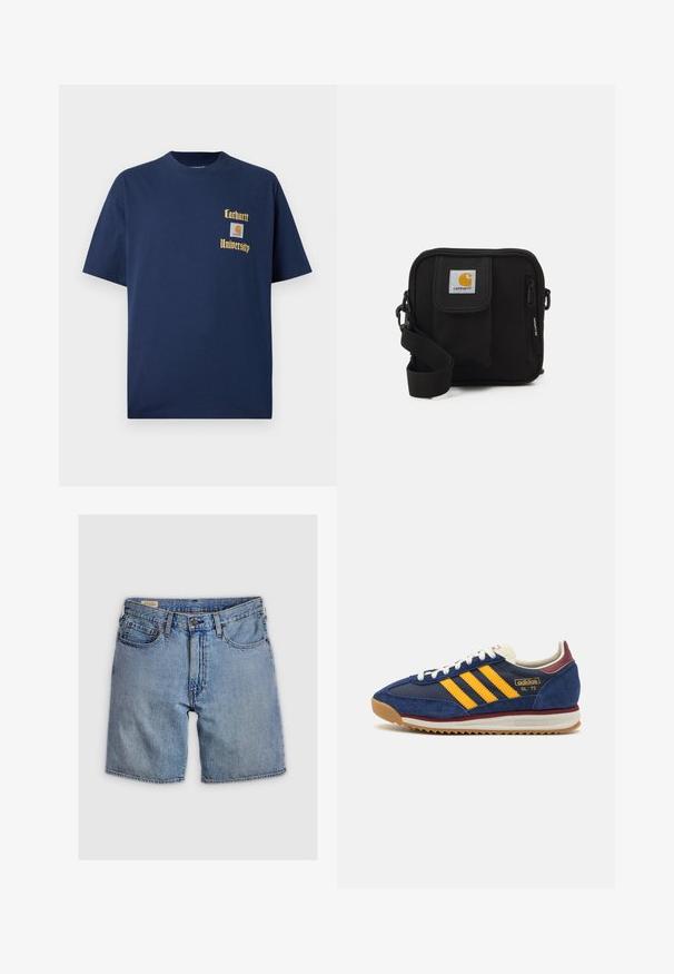 Sötétkék pamut póló rövid ujjal, arany színű "Carhartt University" felirattal és logóval a bal mellen.; Világoskék mosású farmer rövidnadrág, magas derekú, öt zsebbel és cipzáros gombos lezárással. A varrás narancssárga színben kontrasztos.; Sötétkék velúr sportcipő sárga cscsíkokkal, fehér fűzőkkel és bordeaux vörös kiegészítőkkel. Texturált talp barázdákkal a tapadás érdekében. Márkajelzés az oldalon.; Fekete keresztbody táska cipzáras főrekesszel, elülső zsebbel, állítható pánttal és látható logóval a fedélen.
