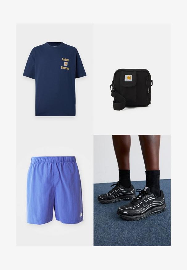 Tumši zila kokvilnas T-krekls ar īsām piedurknēm, ar zelta tekstu "Carhartt University" un logo uzšuvumu kreisajā krūtī.; Violetas peldbikses ar elastīgu jostu. Izgatavotas no viegla auduma, ar mazu logotipu labajā apakšējā stūrī.; Melni Nike apavi ar sietveida augšdaļu, akcentējošām svītrām, teksturētām šņorēm un melnu gumijas zoli. Valkāti ar melniem ribota auduma zeķēm.; Melna plecu soma ar rāvējslēdzēja galveno nodalījumu, priekšējo kabatu, regulējamu siksnu un redzamu logotipa tagu uz vāka.