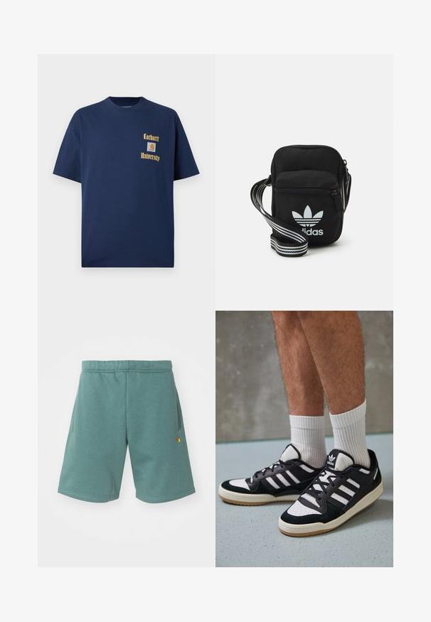 Tumši zila kokvilnas T-krekls ar īsām piedurknēm, ar zelta tekstu "Carhartt University" un logo uzšuvumu kreisajā krūtī.; Kokvilnas maisījuma šorti tirkīza krāsā ar elastīgu jostasvietu, sānu kabatām un mazu zelta logo akcentu apakšējā kājā.; Melnas un baltas kedas ar zamša un ādas augšdaļu, kas aprīkotas ar trim baltām svītrām, perforētu purngali un gumijas zolēm.; Melna auduma crossbody soma ar rāvējslēdzēja aizdari, kurai ir balts Adidas logo un svītrainas regulējamas siksnas ērtiem pārvietošanās veidiem.