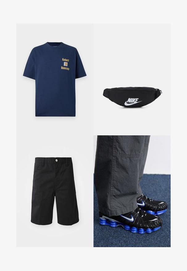Marineblå bomulds T-shirt med korte ærmer, der har guld tekst "Carhartt University" og et logo patch på venstre bryst.; Sorte bomuldsshorts med lige snit, bæltestropper, metalknaplukning og uden synlige mønstre eller accenter.; Sorte sportssko med blå og sølv detaljer, der har en struktureret overdel, dristigt såldesign og snøresystem. Placeret på et blåt tæppe.; Sort nylon bæltetaske med lynlås, der har et stort hvidt Nike-logo. Glat tekstur og ergonomisk design for komfortabel bæring.