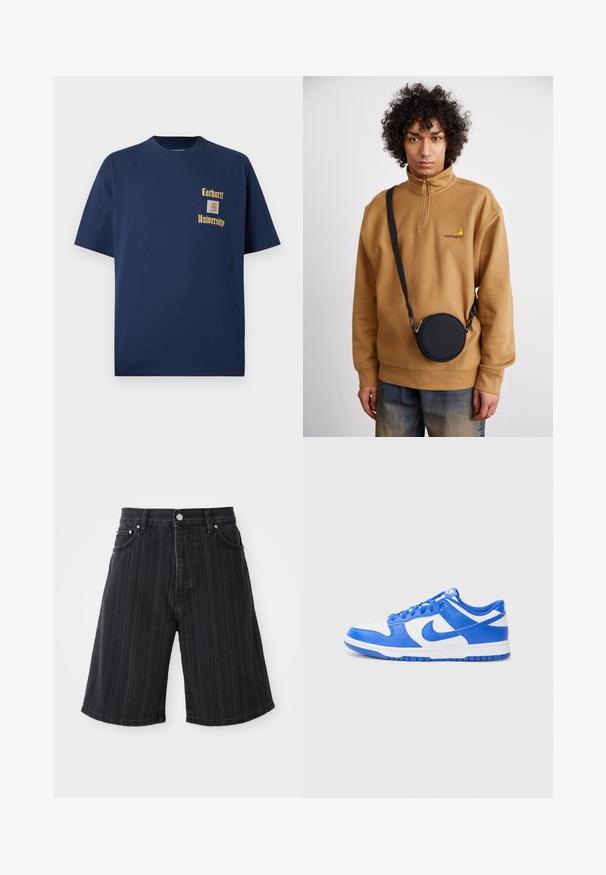 Mørk blå bomull t-skjorte med korte ermer, med gulltekst "Carhartt University" og et logo-patch på venstre bryst.; Svarte denimshorts med bred ben, med vertikale striper, frontlommer og detaljer i metall.; Nike Dunk-sko med en blå og hvit skinnoberflate, som har perforert tå, snøringssystem og en teksturert gummisåle.; Brun kvart-zip fleece genser med brodert logo, med en svart rund crossbody bag med glidelås og logodetalj, båret over denim.