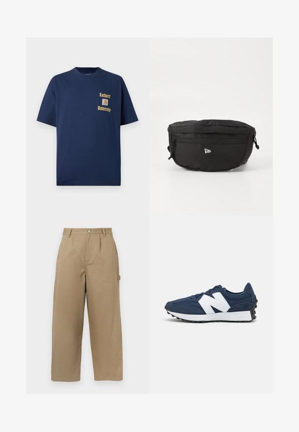 Mørk blå bomull t-skjorte med korte ermer, med gulltekst "Carhartt University" og et logo-patch på venstre bryst.; Beige vidde bukser laget av bomullsblandig, med høy midje, frontfolder og to sidelommer med knappelukking.; Navy blå joggesko med hvitt logo, i semsket skinn og mesh, med pakt krage, flate snørebånd og teksturert svart gummisåle.; Svart midjesekk laget av nylon; har en frontlomme med glidelås, justerbar stropp og en logo-patch. Rund form med en glatt tekstur.