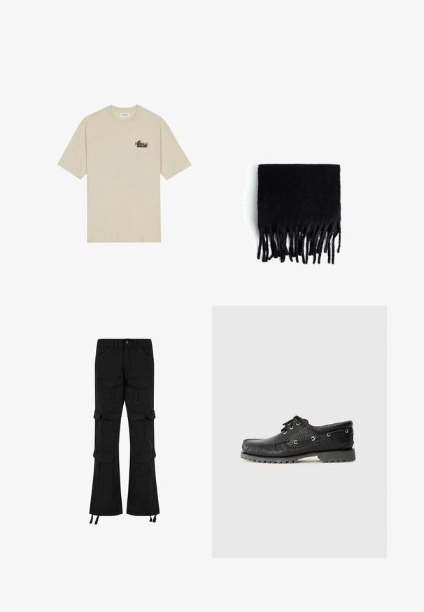 Beige cotton t-shirt with short sleeves, round neck, and black graphic print featuring the word "ROME" on the front.; Black cargo pants made of denim, featuring multiple pockets, a wide leg design, and adjustable drawstrings at the hem.; Black textured lace-up shoe with round toe, metal eyelets, and a rugged gray rubber sole. Features a woven pattern on the upper.; Black fringed scarf made of soft, wool-like material. Features long, uneven fringes along the bottom edge. Rectangular shape.