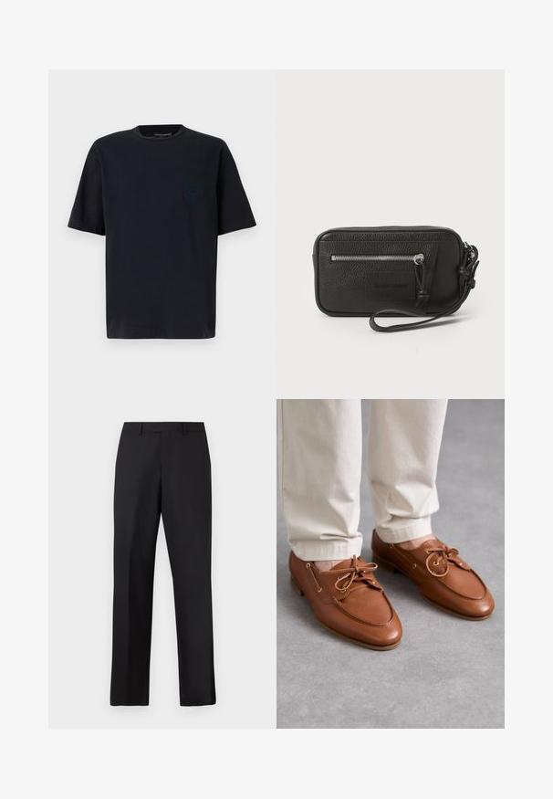 T-shirt en coton bleu marine avec un col rond, des manches courtes et une poche arborant un subtil logo en relief sur la poitrine gauche.; Pantalon noir à jambes droites en tissu lisse. Comprend une ceinture standard et aucun motif ou accent visible.; Bally PATHY - Derbies - deserto; Pochette en cuir noir avec surface texturée, poche zippée à l'avant et poignée amovible. Présente un patch logo sur le devant. Forme rectangulaire.
