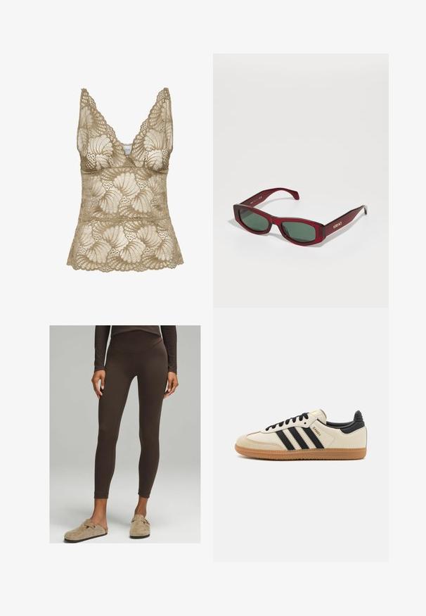 Beige pitsimtoppi V-päällä, jossa on kierretyt reunat ja kukkakuosi. Pehmeä rakenne, jossa on monimutkainen yksityiskohtaisuus.; Ruskot vaatekaappihousut, joissa on korkea vyötärö joustavasta materiaalista, vartalonmyötäinen muotoilu ja sileä pinta, yhdistettyinä rentoihin beigeihin puukengiin.; Beige urheilukenkä mustilla raidoilla, kumipohjalla ja mustilla yksityiskohdilla. Ominaisuuksiin kuuluu sileä nahkainen päällinen ja pyöristetty kärjen muoto.; Suunnikasmuotoiset aurinkolasit, joissa on syvänpunainen läpinäkyvä kehys, tummanvihreät linssit ja kultainen "VERSACE"-logo rengastuksessa.