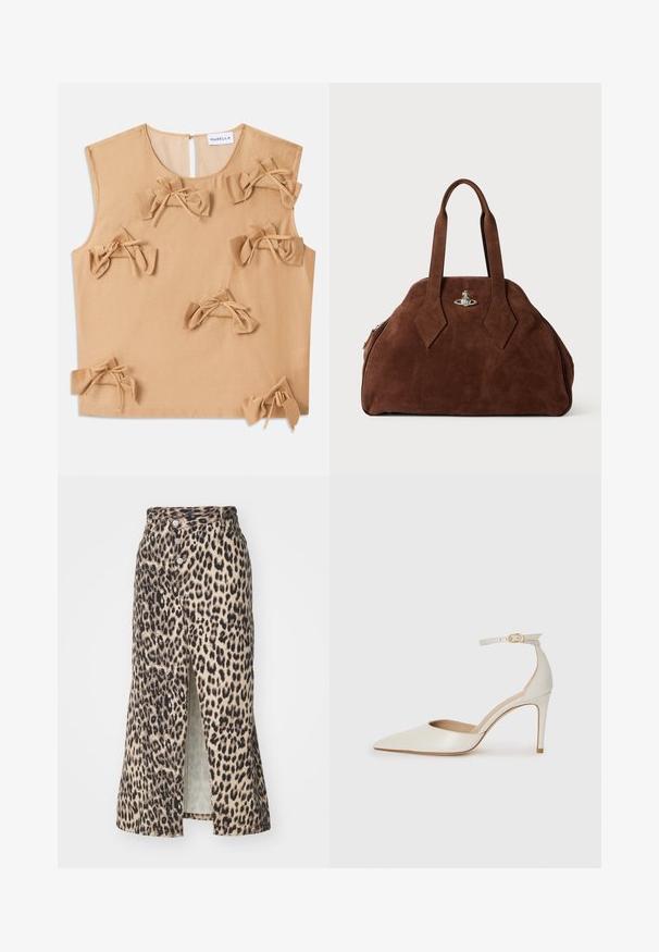 Šviesiai ruda be rankovių palaidinė su apvalia iškirpte, su daugybe dekoratyvių audinių kaspinų, surištų plonomis juostelėmis priekio ir apatinio krašto srityse.; Leopardų rašto midi sijonas, pagamintas iš minkštos medžiagos, su priekinėmis skeltimis, mygtukų uždarymu ir prigludusia juosmena, neutraliomis spalvomis su juodais akcentais.; Balti odiniai aukštakulniai batai su smailiu priekiniu galu, kulkšnies dirželiu ir siauru stiletu. Lygi tekstūra su subtiliu blizgiu paviršiumi.; Ruda zomšo rankinė su struktūrine forma, apvaliu kūnu ir pailgom rombo formos rankenom. Yra sidabro spalvos uždarymo mechanizmas.