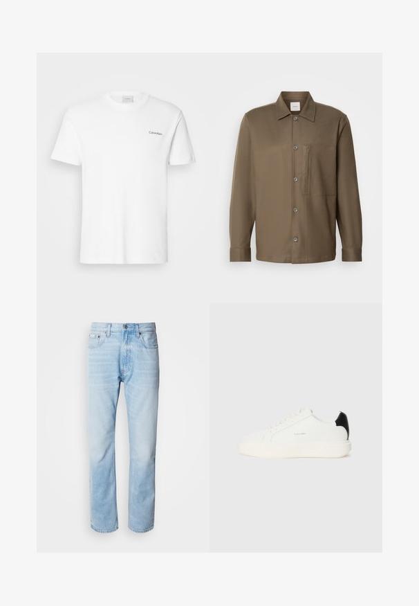 T-shirt bianca in cotone con maniche corte e scollo rotondo. Presenta un piccolo logo nero "Calvin Klein" sul lato sinistro del petto.; Camicia marrone con bottoni, colletto, maniche lunghe, taschino sul petto e texture liscia. Presenta bottoni grigi lungo la parte anteriore.; Jeans in denim blu chiaro con taglio dritto, caratterizzati da sezioni sbiadite, design a cinque tasche e iconico bottone di chiusura.; Sneaker bianco in pelle con un accento nero sul tallone, caratterizzato da punta rotonda, lacci piatti e una suola bianca spessa. Logo Calvin Klein esposto.