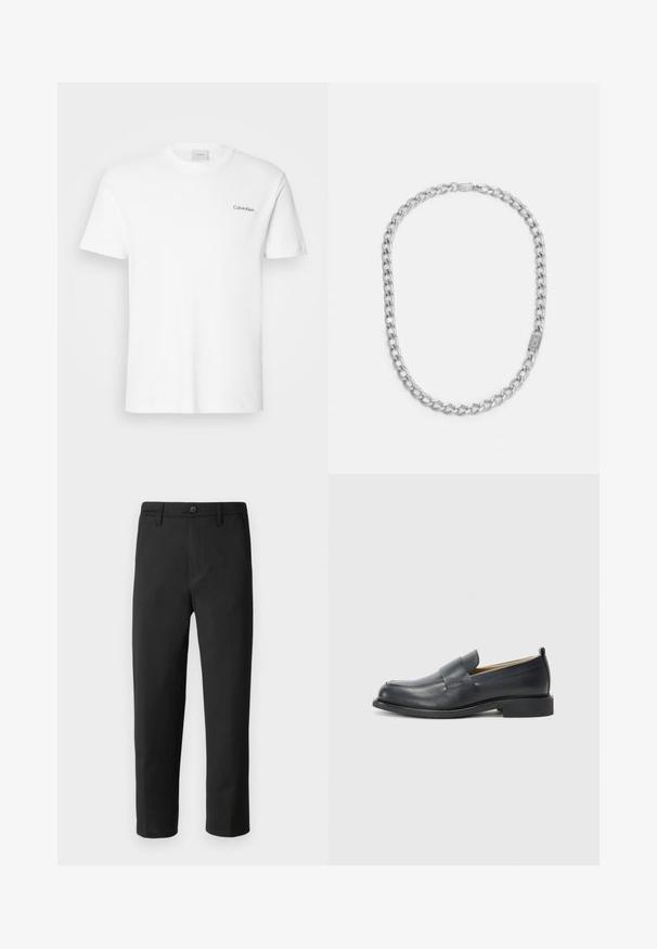 Biała bawełniana koszulka z krótkimi rękawami i okrągłym dekoltem. Posiada małe czarne logo "Calvin Klein" na lewej piersi.; Czarne spodnie o prostym kroju, wykonane z gładkiego materiału. Posiadają zapięcie na guzik i szlufki na pasek. Bez widocznych wzorów ani akcentów.; Czarne skórzane mokasyny z gładkim wykończeniem, płaską podeszwą i zaokrąglonym czubkiem, ozdobione paskiem na górze.; Srebrny metalowy naszyjnik z łańcuszkiem o splatanych ogniwach, z prostokątnym zapięciem wygrawerowanym w logo "CK". Gładka, wypolerowana powierzchnia.