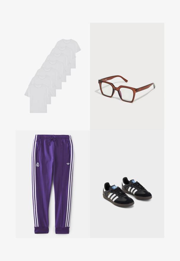 Bijele pamučne majice, kratki rukavi, dizajn s okruglim izrezom, jednostavne teksture, složene u red, s suptilnim brendiranjem na izrezu.; Ljubičaste atletske hlače s bijelim bočnim trakama, elastičnim pojasom, vezicom, zatvorenim džepovima i dva loga: Real Madrid i Adidas.; Crne tenisice s gornjim dijelom od antilopa i sintetičkog materijala, s tri bijele pruge, teksturiranom gumenom potplatom i plavom oznakom na jeziku.; Smeđe oversized pravokutne naočale s prozirnim lećama i blagim ružičastim tonom na desnoj leći. Plastičan okvir s glatkom teksturom.