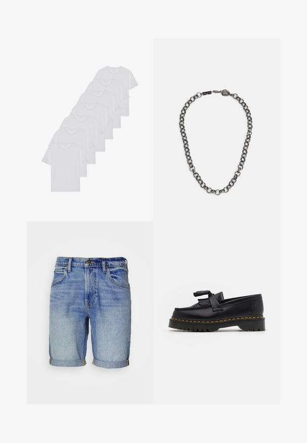 Baltie kokvilnas T-krekli, īsas piedurknes, apaļas izgriezuma dizains, vienkārša tekstūra, sakrauti rindā, ar smalku zīmolu pie kakla izgriezuma.; Gai zila džinsu šorti ar rollētām malām, piecām kabatām un redzamu šuvumu. Iekļauj metāla pogu un rāvējslēdzēju aizdari priekšā.; Melnas ādas mokasīni ar pērlītēm uzsvaru, ar masīvu melnu zoli un dzeltenu šuvumu gar malu. Ar teksturētu apdari.; Metāla ķēdes kaklarota ar izstieptām saitēm tumšā ieroču tinuma krāsā. Satur ģeometrisku akcentu un aizdari ar zīmola detaļu.